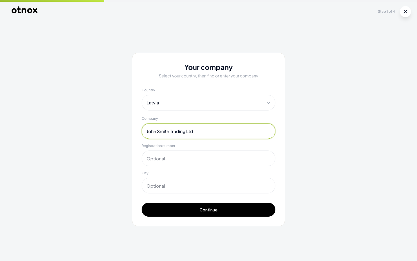 Onboarding step 1 — Country and company