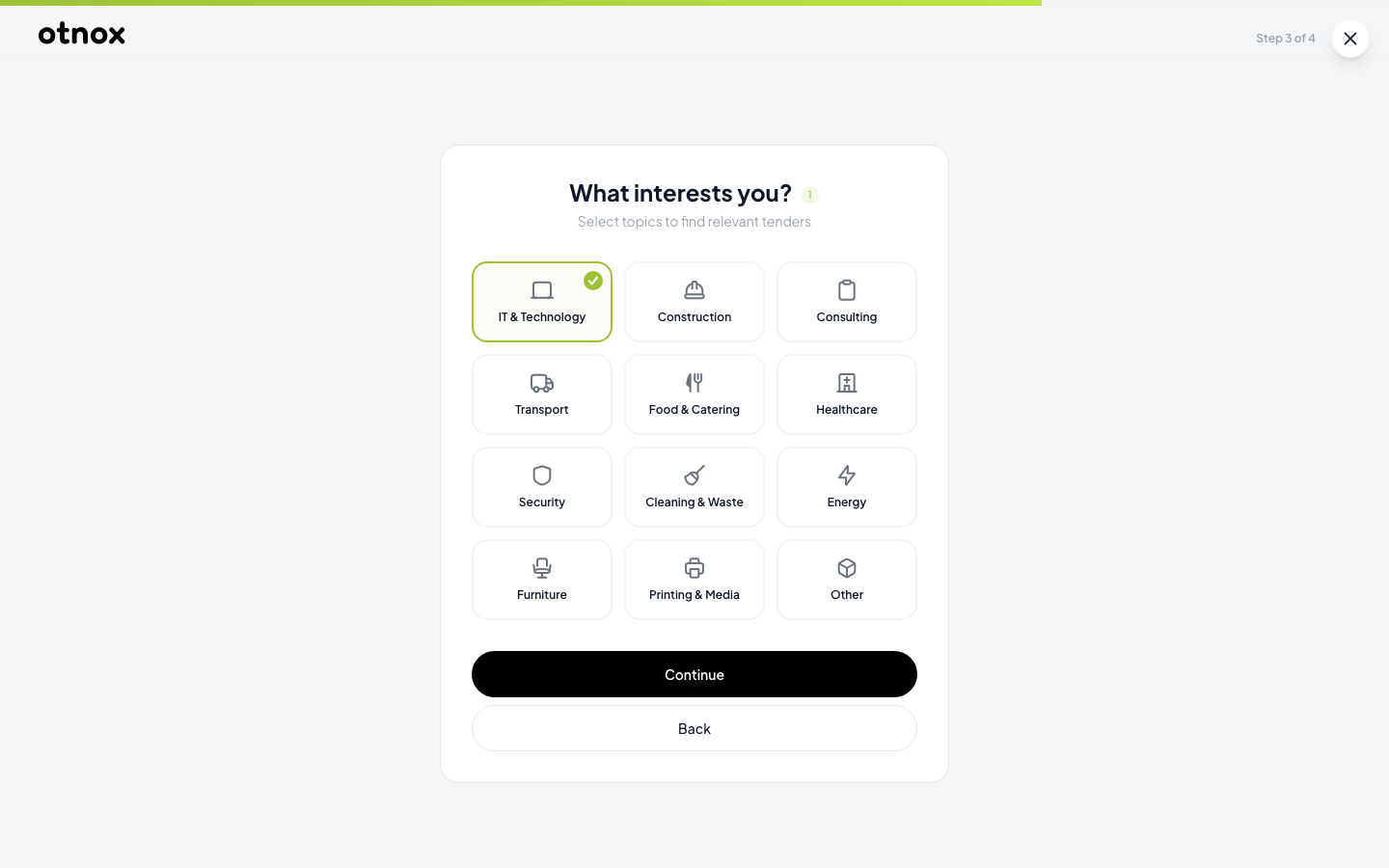 Onboarding step 3 — Industries