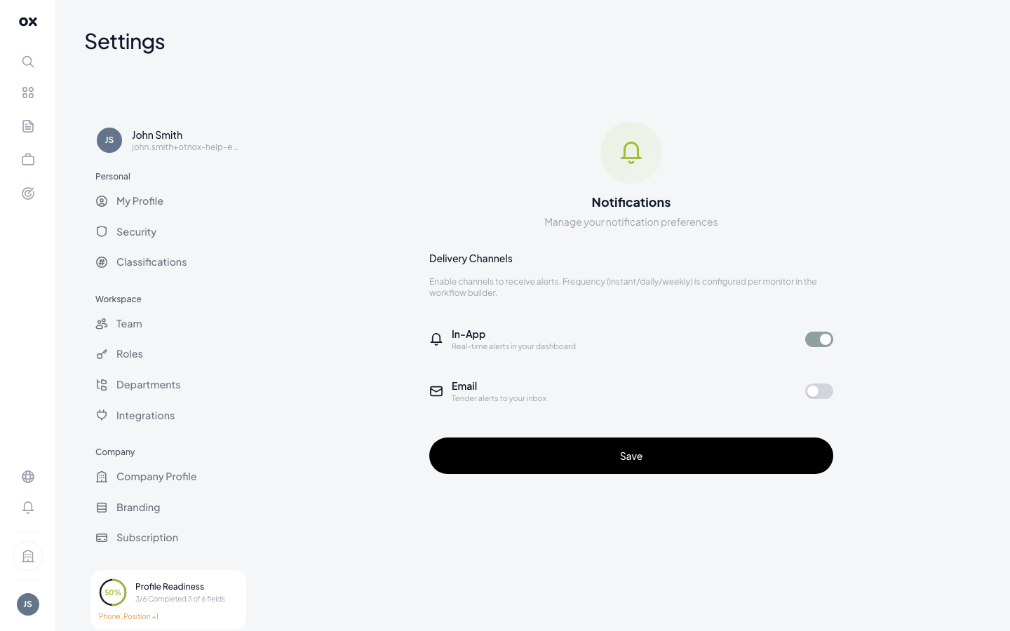 Notifications settings