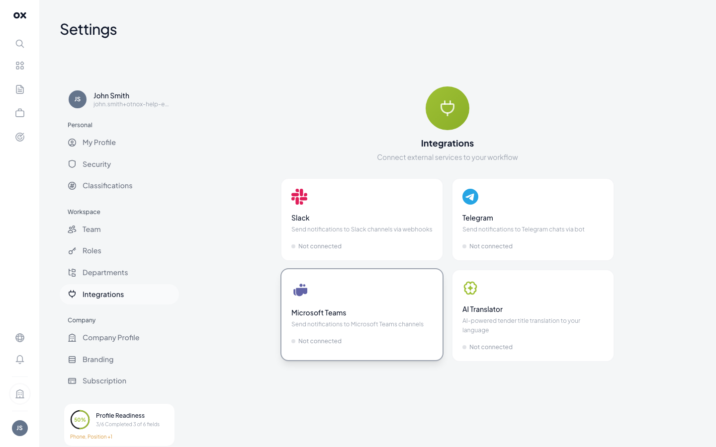 Integrations settings